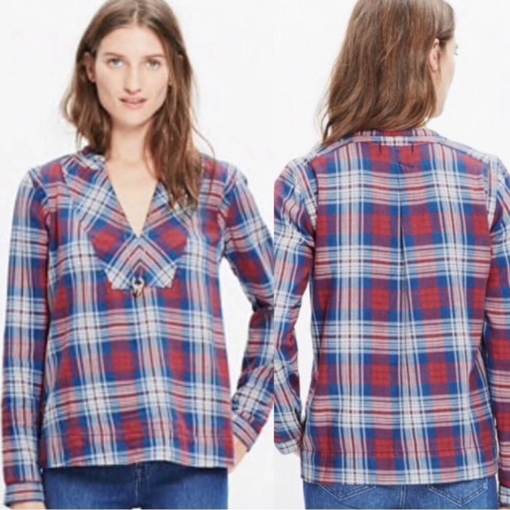 Madewell Indigo Dyed Popover Top In Casey Plaid Red White Blue Size Small
